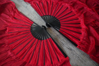 DISCOUNT Ruby Dragon Standard Half Moon Practice Fans // glue defect on veils